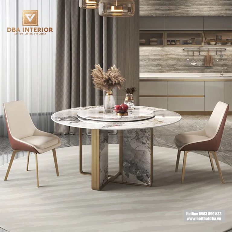 Bàn ăn tròn chân ốp đá tích hợp bàn xoay BA12