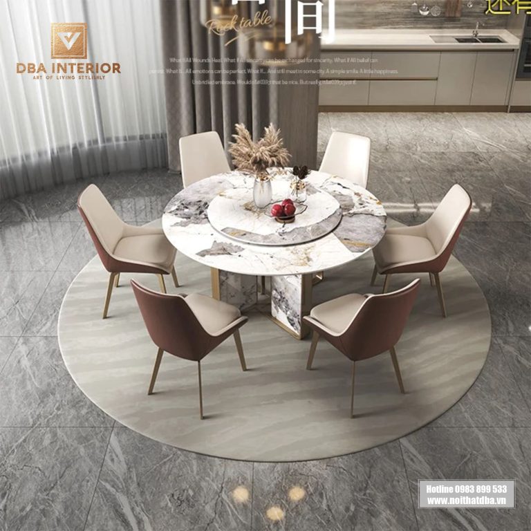 Bàn ăn tròn chân ốp đá tích hợp bàn xoay BA12