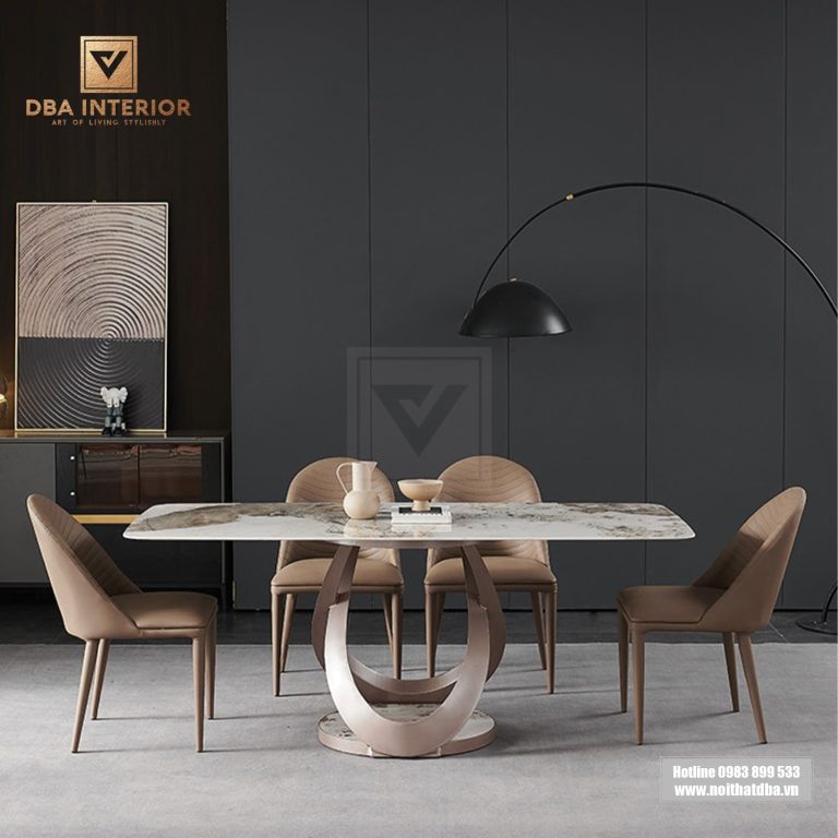 Bàn ăn mặt đá cao cấp thiết kế chân vòng ốp đá BA07