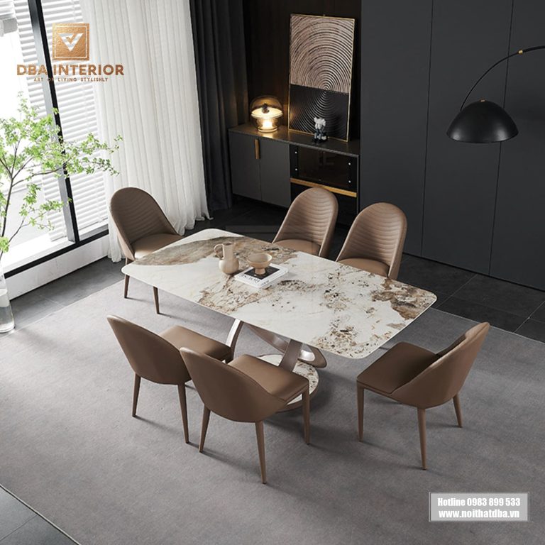 Bàn ăn mặt đá cao cấp thiết kế chân vòng ốp đá BA07