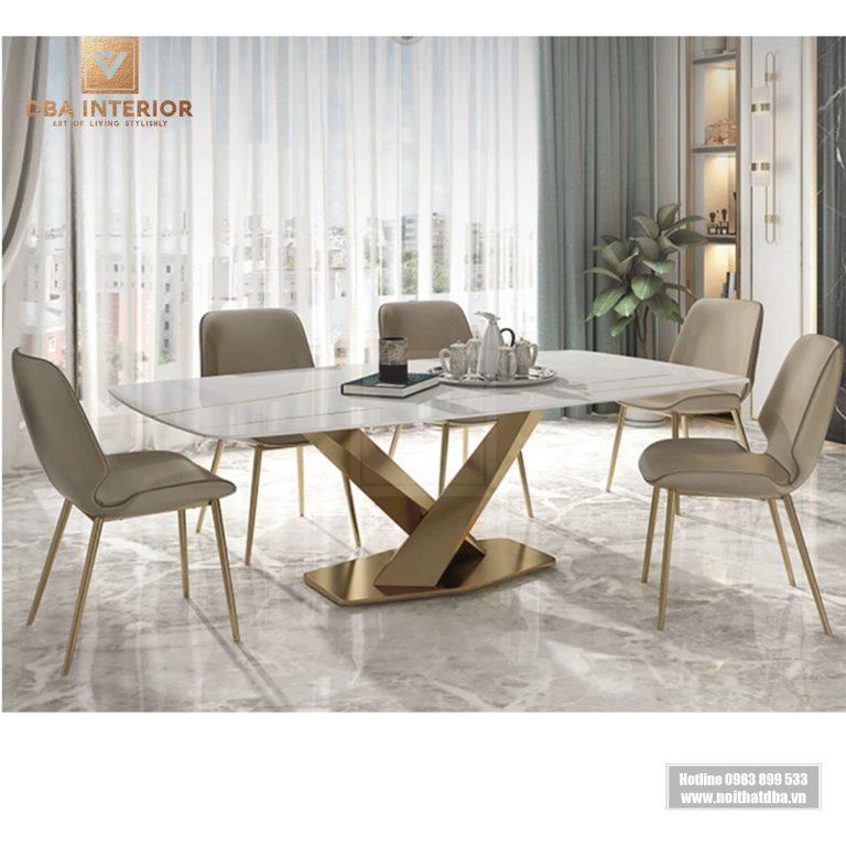 Bàn ăn mặt đá ceramic cao cấp chống xước tùy chọn chân mạ BA24
