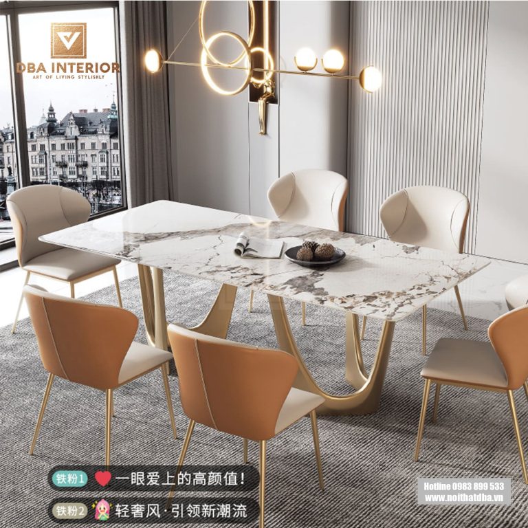 Bàn ăn mặt đá cao cấp thiết kế khung chân mạ bóng BA06