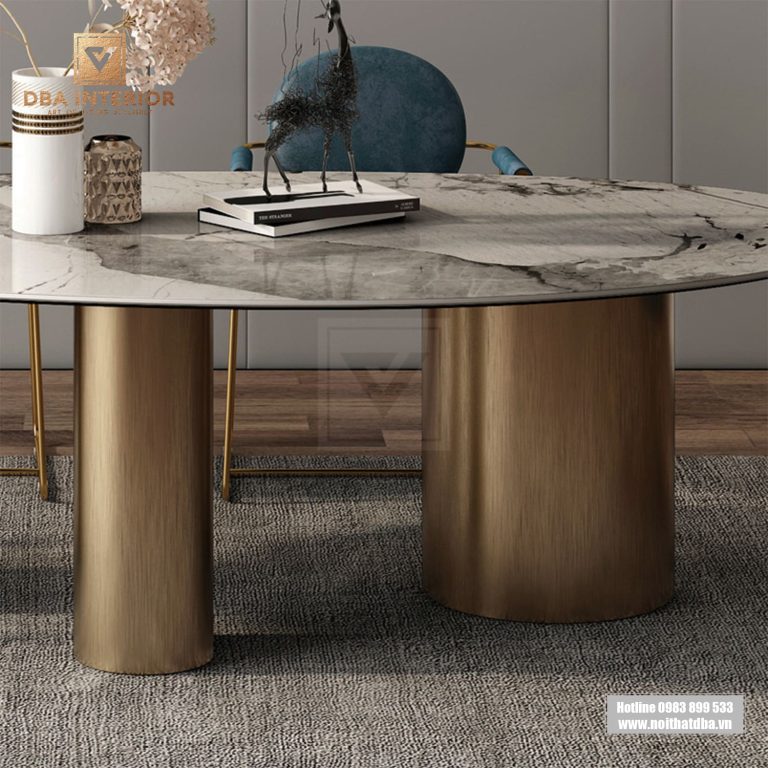 Bàn ăn mặt đá vân sáng dáng dài thiết kế hiện đại BA22