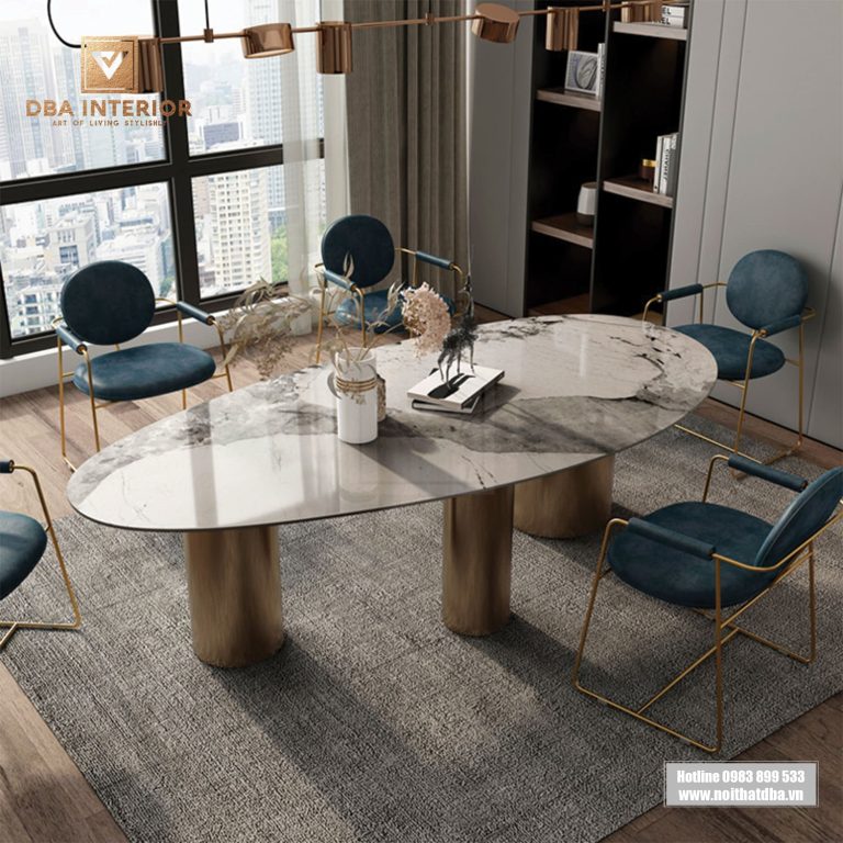 Bàn ăn mặt đá vân sáng dáng dài thiết kế hiện đại BA22