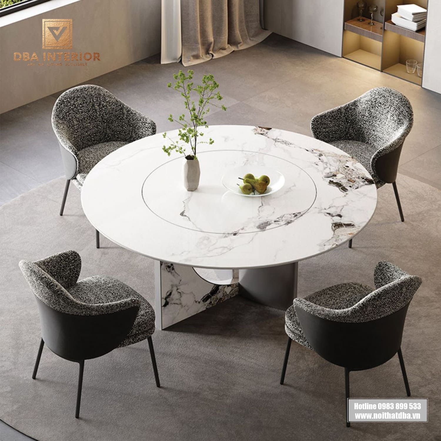 Bàn ăn dáng tròn chân đá kèm mặt xoay hiện đại nhập khẩu BA57