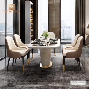 Bàn ăn mặt đá cao cấp chân trụ bọc da sang trọng BA33