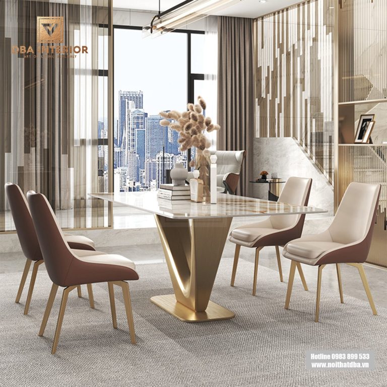 Bàn ăn mặt đá cao cấp hiện đại tùy chọn chân mạ BA39
