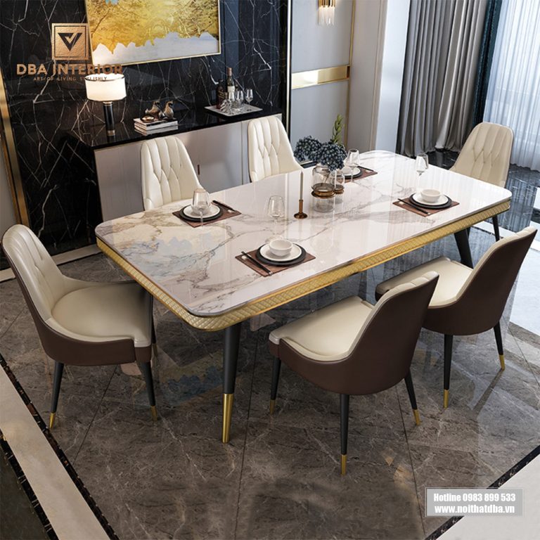 Bàn ăn mặt đá cao cấp viền bọc da chân mạ xòe luxury BA49