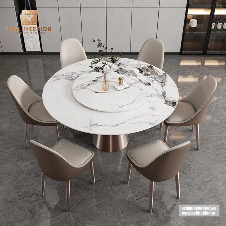 Bàn ăn mặt đá ceramic tích hợp bàn xoay tùy chọn chân mạ sang trọng BA48