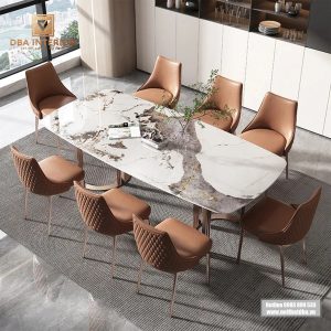 Bàn ăn mặt đá dáng dài chân mạ thiết kế hiện đại sang trọng BA52