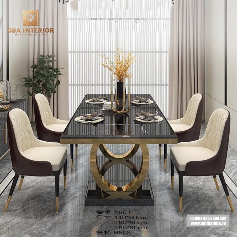 Bàn ăn tân cổ điển mặt đá cẩm thạch mạ vàng BA32