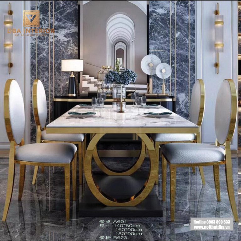 Bàn ăn tân cổ điển mặt đá cẩm thạch mạ vàng BA32